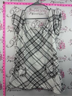 Cato milkmaid top y2k plaid pockets Black and White Plaid Short Sleeve Tunic